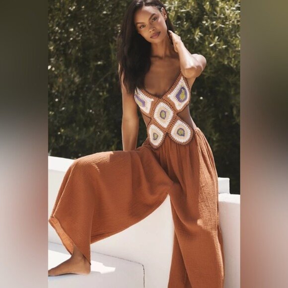 NEW By Anthropologie Boho Crochet Twofer Jumpsuit Rust Cream backless - Picture 6 of 14